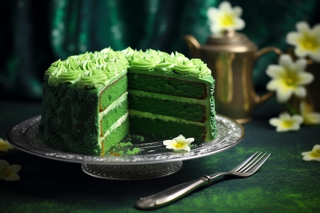 Un pastel de terciopelo verde con un corte en forma de trébol