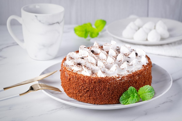 Pastel de tiramisú casero perfecto espolvoreado con cacao en polvo en un plato sobre una mesa de mármol blanco