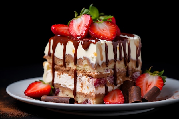 Pastel de tiramisú con fresas y menta sobre un fondo oscuro