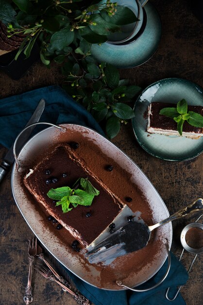 Pastel de tiramisú de postre italiano casero