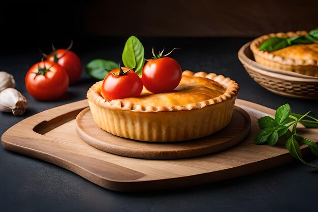 Un pastel con tomates y una cesta de albahaca al lado.