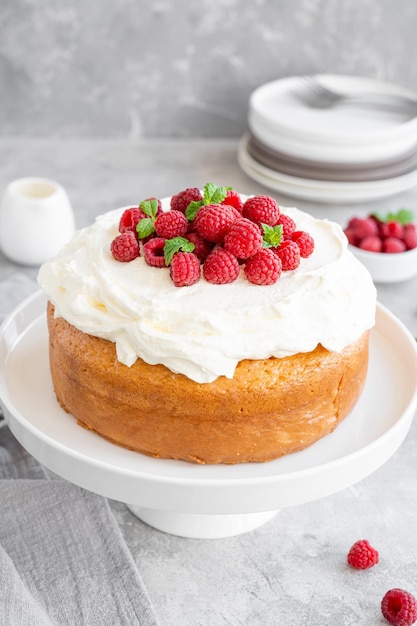 Pastel de tres leches con crema batida y frambuesas frescas sobre un fondo de hormigón gris