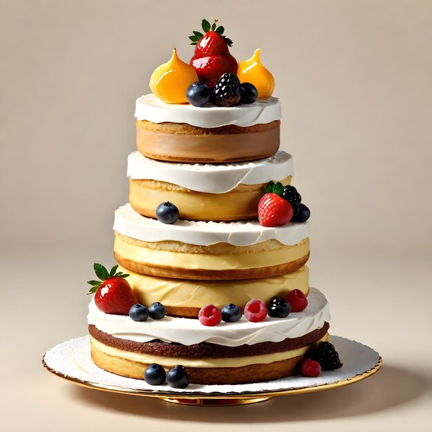 Pastel de tres niveles con crema y bayas sobre un fondo beige