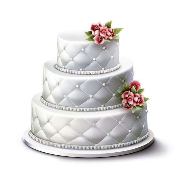 Un pastel de tres niveles con flores en la parte superior.