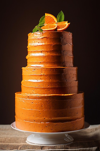 Un pastel de tres niveles con glaseado de naranja y hojas de menta encima.