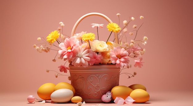 Pastel três ovos de Páscoa brancos no ninho com flores brancas e cor-de-rosa com catkins em toalha de mesa com padrões brancos Foto de alta qualidade