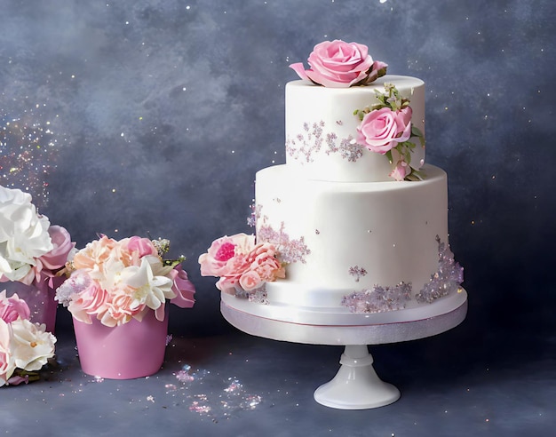 Un pastel de tres pisos con flores rosas y otro rosa con la palabra "dulce".