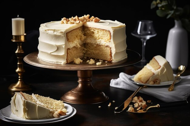 Un pastel con un trozo cortado y un plato de nueces sobre la mesa.