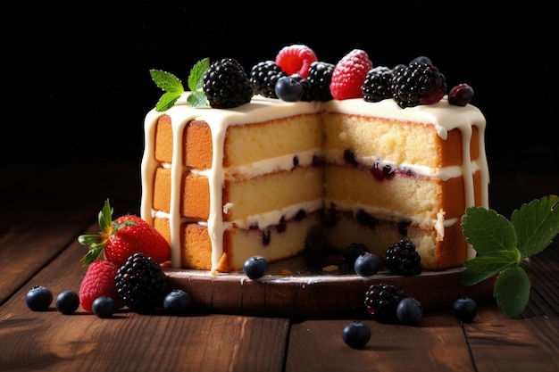 Pastel de vainilla con frutos rojos sobre mesa de madera