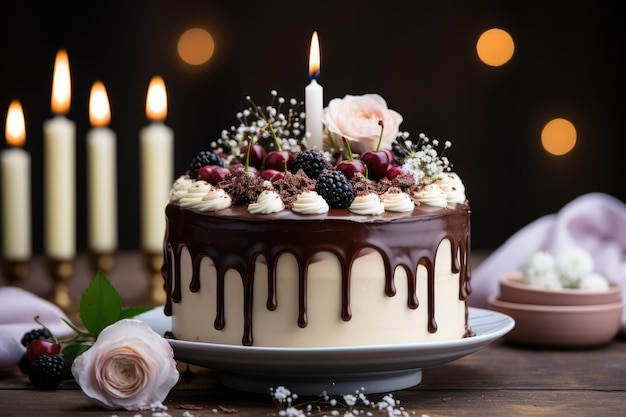 Un pastel con una vela que dice "feliz cumpleaños".