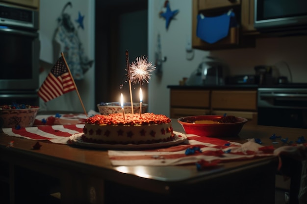 Un pastel con velas y una bandera en la espalda.