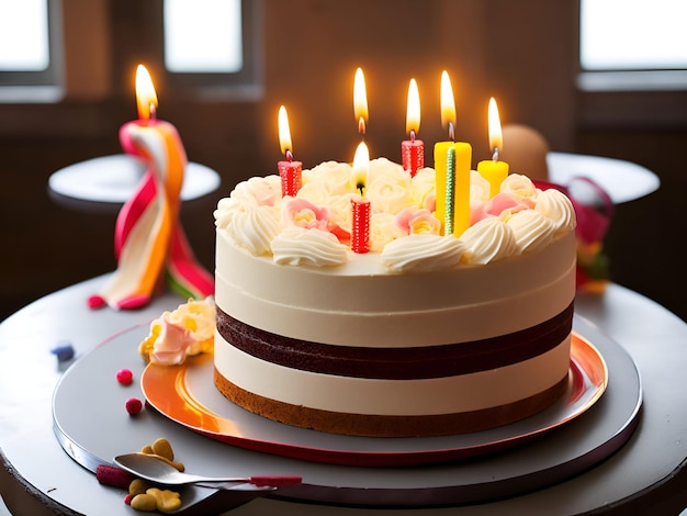 Un pastel con velas con una cinta rosa en el fondo