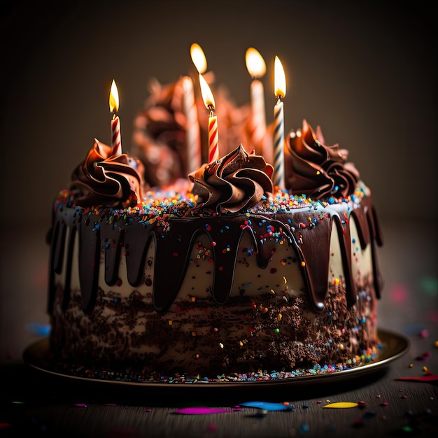 Un pastel con velas encendidas encima.