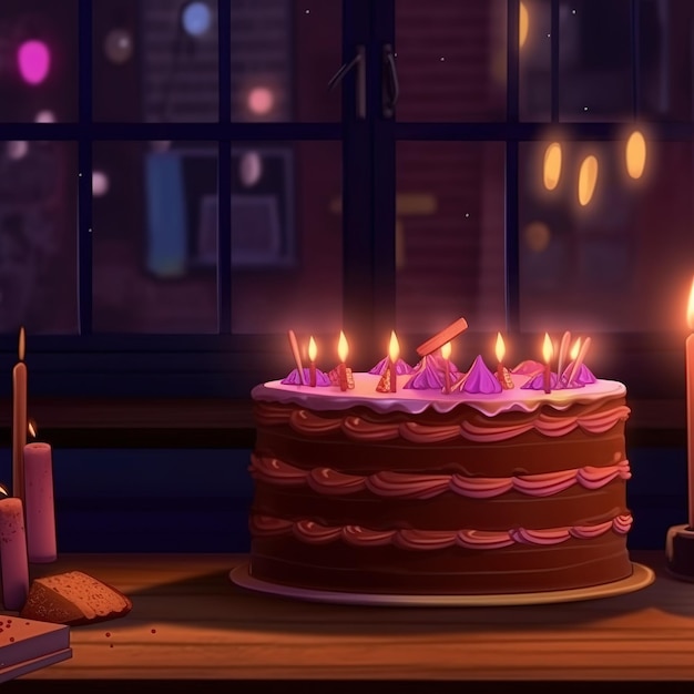 Un pastel con velas encendidas está sobre una mesa con una vela encima.