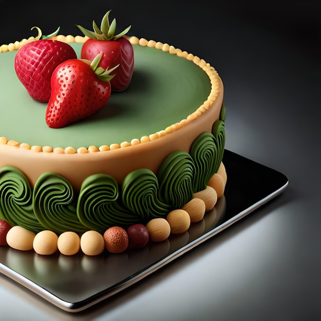 Un pastel verde con fresas encima.