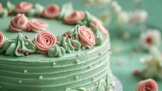 un pastel verde con rosas rosas y un glaseado verde
