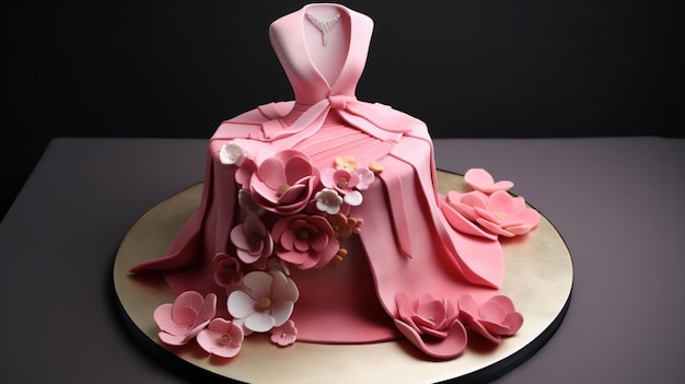 Un pastel con un vestido rosa y flores en la parte superior.