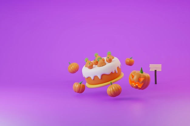 Pastel volador y calabaza Halloween 3d ilustración en púrpura para afiche y publicidad