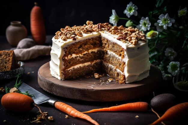 Pastel de zanahoria con una rebanada cortada