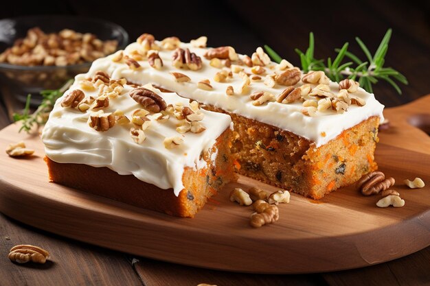 Pastel de zanahorias con queso crema en una tabla de madera