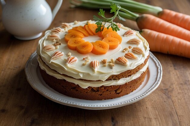 Pastel de zanahorias con una rebanada cortada en una mesa arco c v