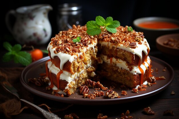 Pastel de zanahorias con una rebanada cortada en una mesa arco c v