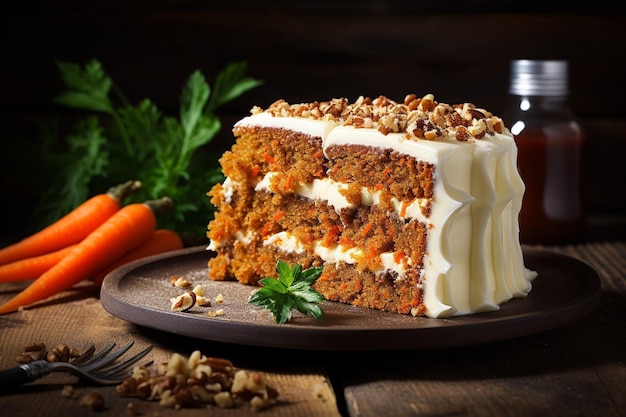 Foto pastel de zanahorias con una rebanada eliminada servido con una salpicadura de nuez moscada