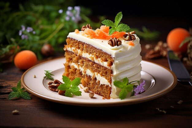 Un pastel de zanahorias con una rebanada que se disfruta con una taza de té caliente