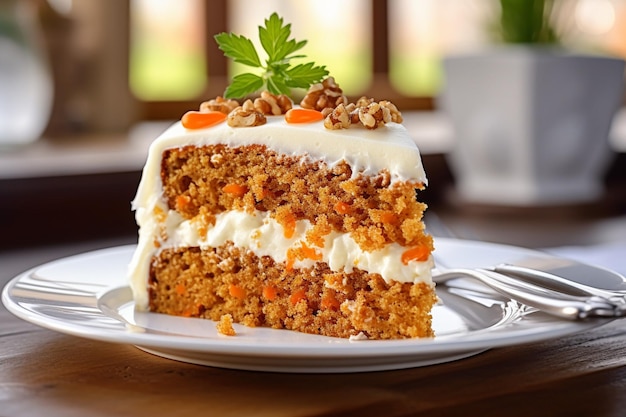 Un pastel de zanahorias con una rebanada que se disfruta con una taza de té caliente