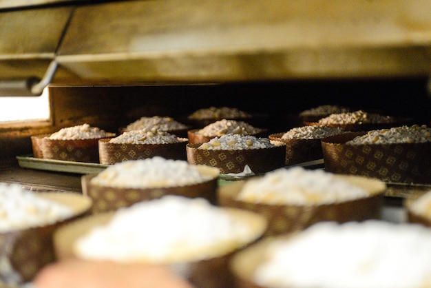 Pastelaria de padeiro artesanal assando pequeno grupo de pão doce de panetone italiano típico da época de natal
