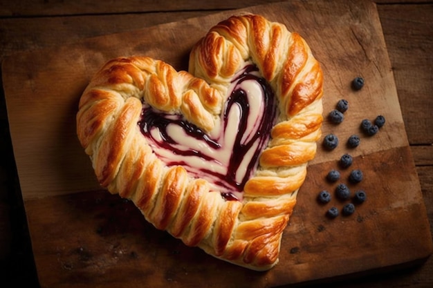 Pastelaria dinamarquesa em forma de coração com geléia de mirtilo e recheio de cream cheese criado com IA generativa