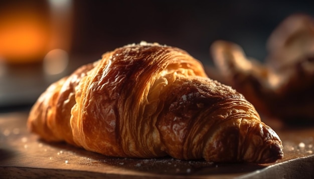 Pastelaria francesa recém-assada em mesa de madeira rústica gerada por IA