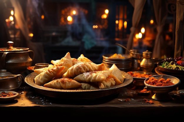 Foto pastelaria nacional asiática de carne samosa servida na mesa