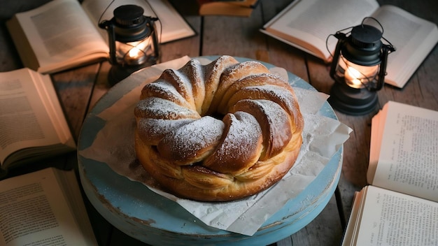 Pastelaria perto de livros e lanterna