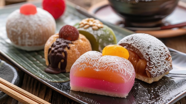 Foto pastelarias japonesas apresentam sobremesas japonesas únicas como mochi e dorayaki