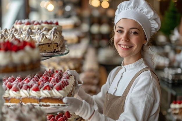 Pastelera con un pastel de fresa en la pastelería