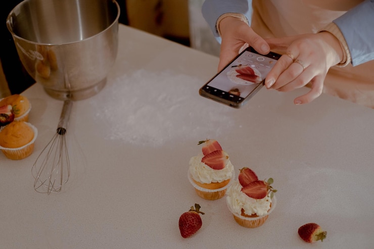 Foto una pastelera toma fotos en su teléfono móvil para anunciar su negocio destacando