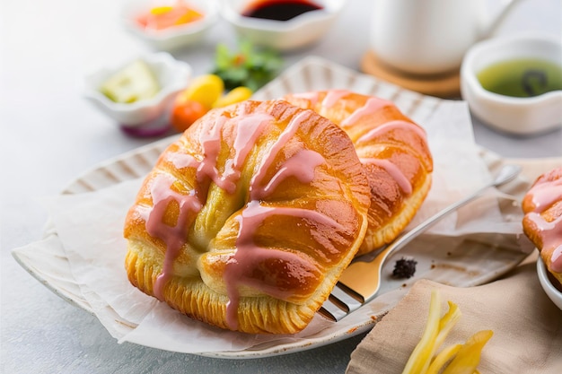 Pastelería frescamente horneada y esmaltada de una panadería asiática para el desayuno