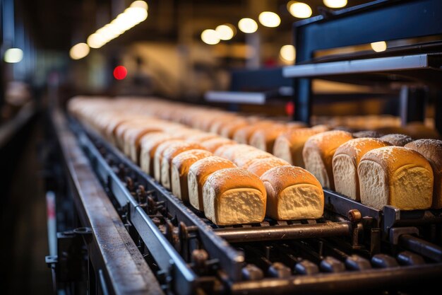 Pastelería industrial Correa transportadora en un taller de panadería que crea deliciosos panes