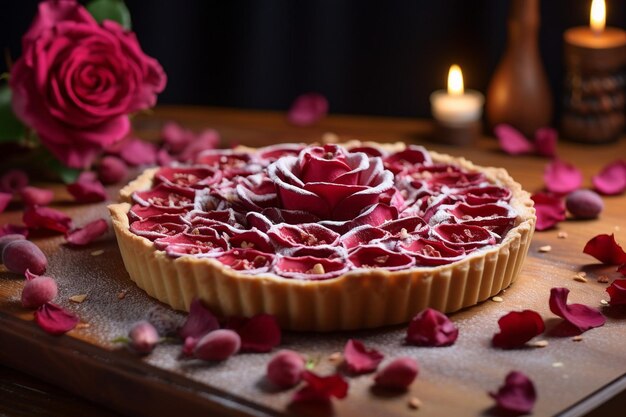 Foto pastelería y pétalos de rosas a bordo