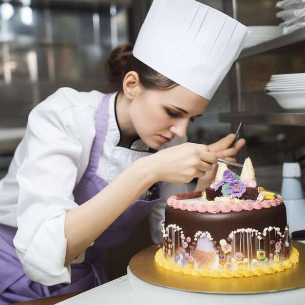 Foto el pastelero decora un pastel en una tienda de dulces