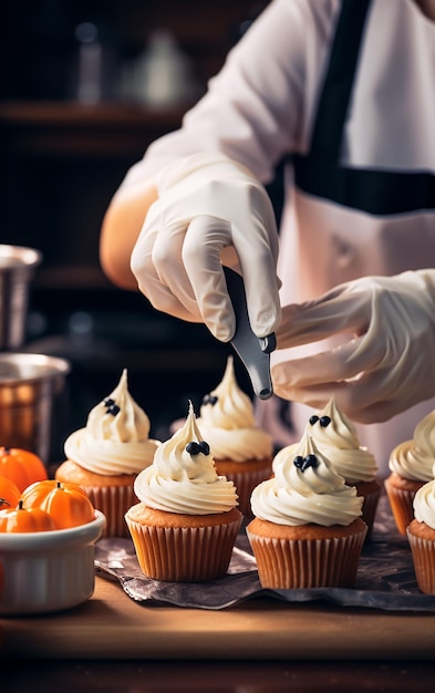 pastelero decorando cupcakes para halloween