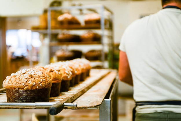 Pastelero panadero horneado artesanal pequeño grupo de pan dulce italiano típico de la época navideña