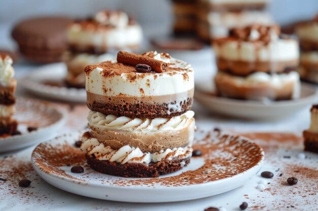 Pasteles apilados con capas de café y crema en el centro de cada pastel