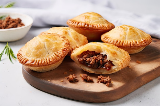 Pasteles de carne australianos hechos con masa de mantequilla sobre un fondo gris