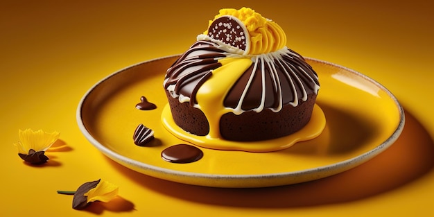 Los pasteles caseros bañados en chocolate se muestran en un plato amarillo soleado