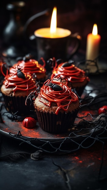 pasteles con chocolate y cereza sobre un fondo negro