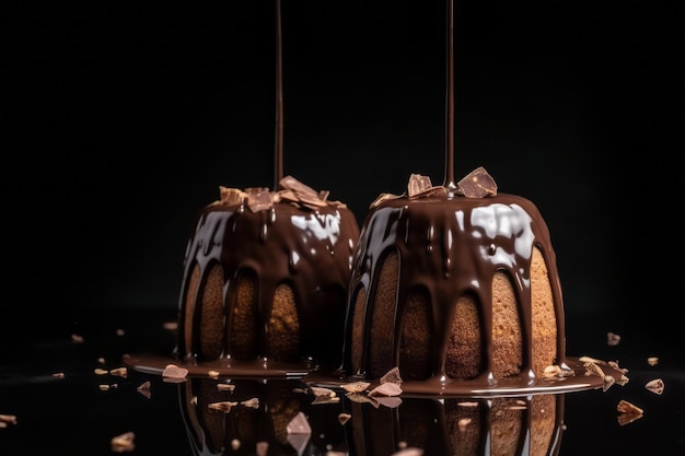 Pasteles de chocolate con gotas de chocolate sobre un fondo negro