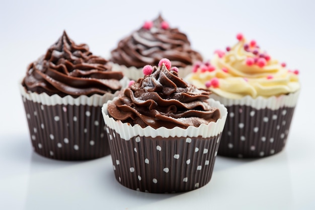 Pasteles de chocolate indulgentes en una taza puesta contra un lienzo blanco puro