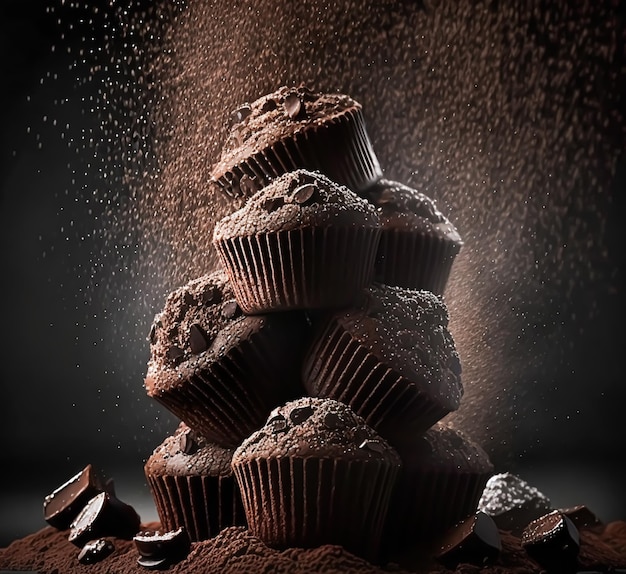 Pasteles de chocolate muffins sobre fondo de estudio oscuro Ai generativo